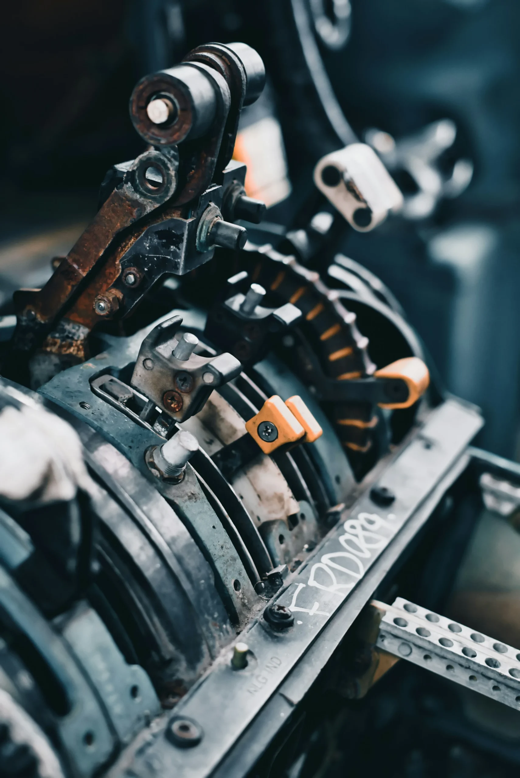 detailed shot of engineered moving components in industrial automation equipment