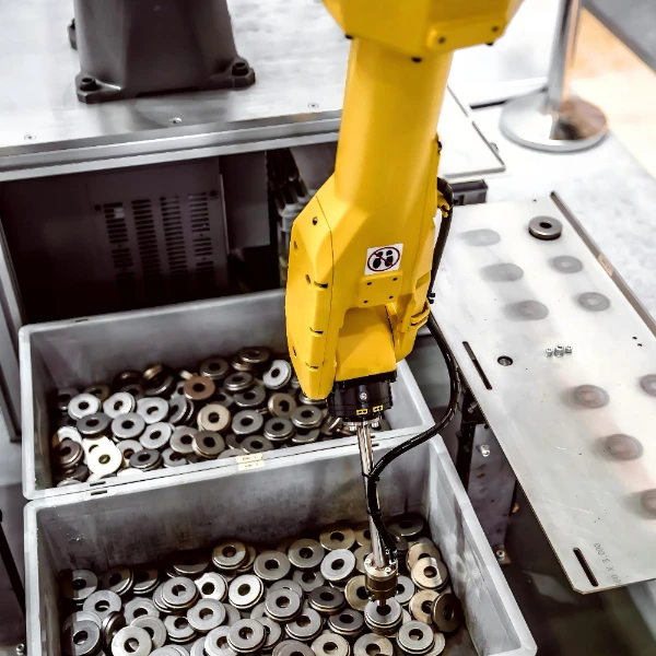 industrial robot arm picking metal components in automated manufacturing line
