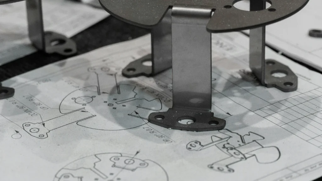precision sheet metal bent part on engineering technical drawing