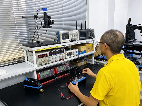 electrical engineer testing electronic circuit board in rd laboratory with test equipment