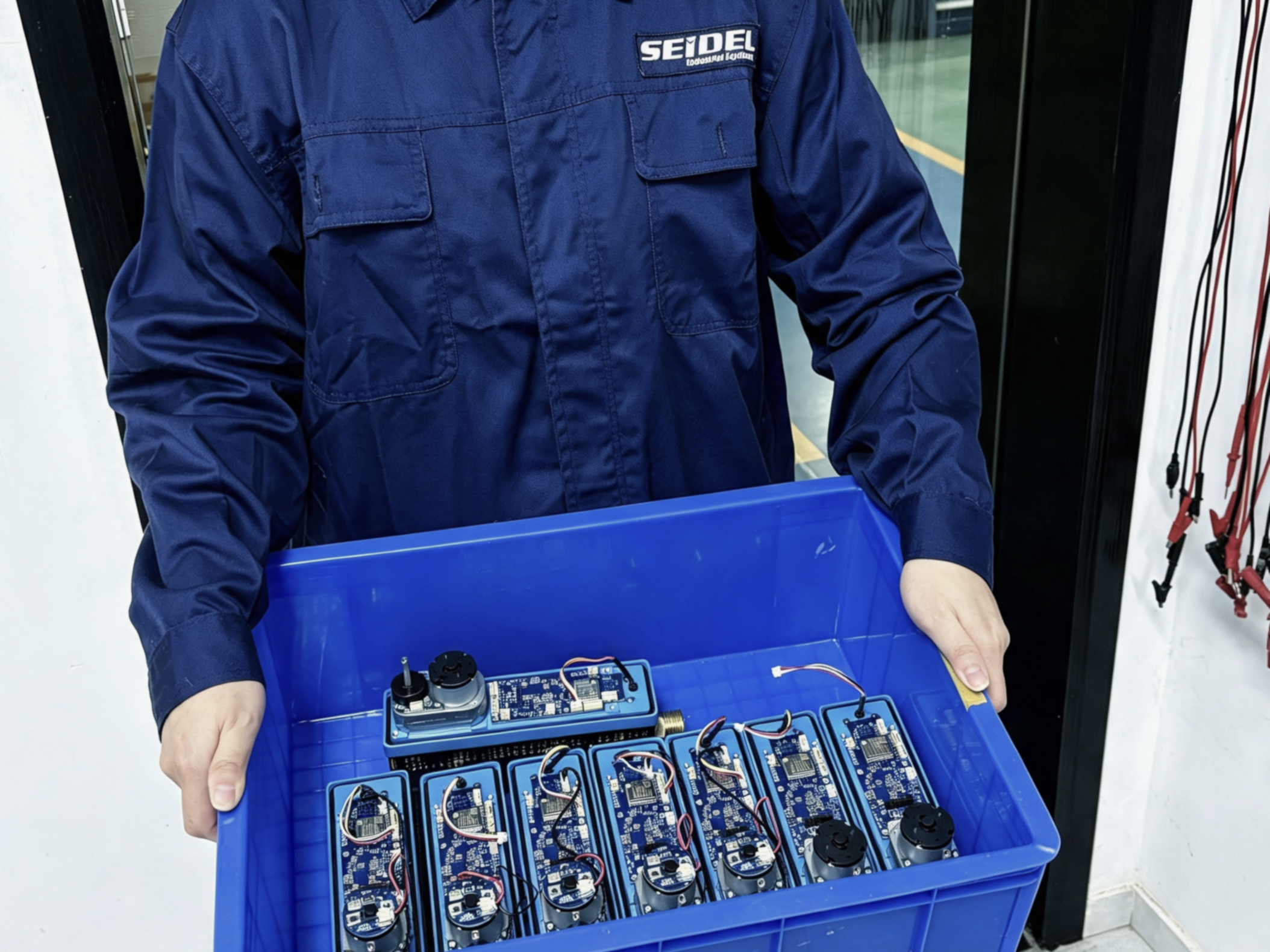 engineer checking assembled electronic control pcb modules small batch pre production verification