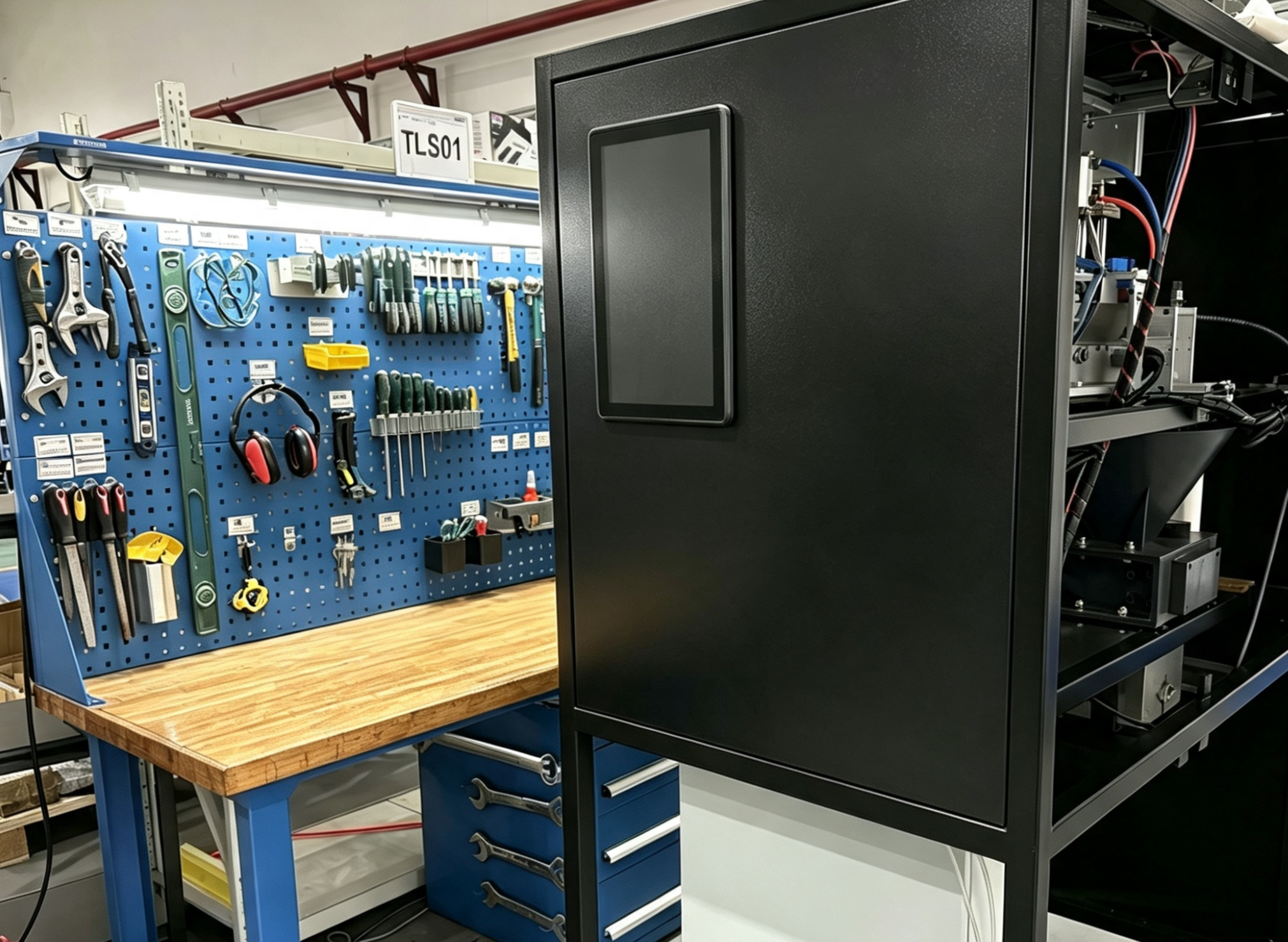 industrial assembly workbench with tool board and custom automation test machine pilot